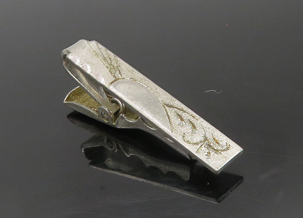 925 Sterling Silver  Vintage Petite Shiny Swirl Etched Design Tie Clip  TR1690