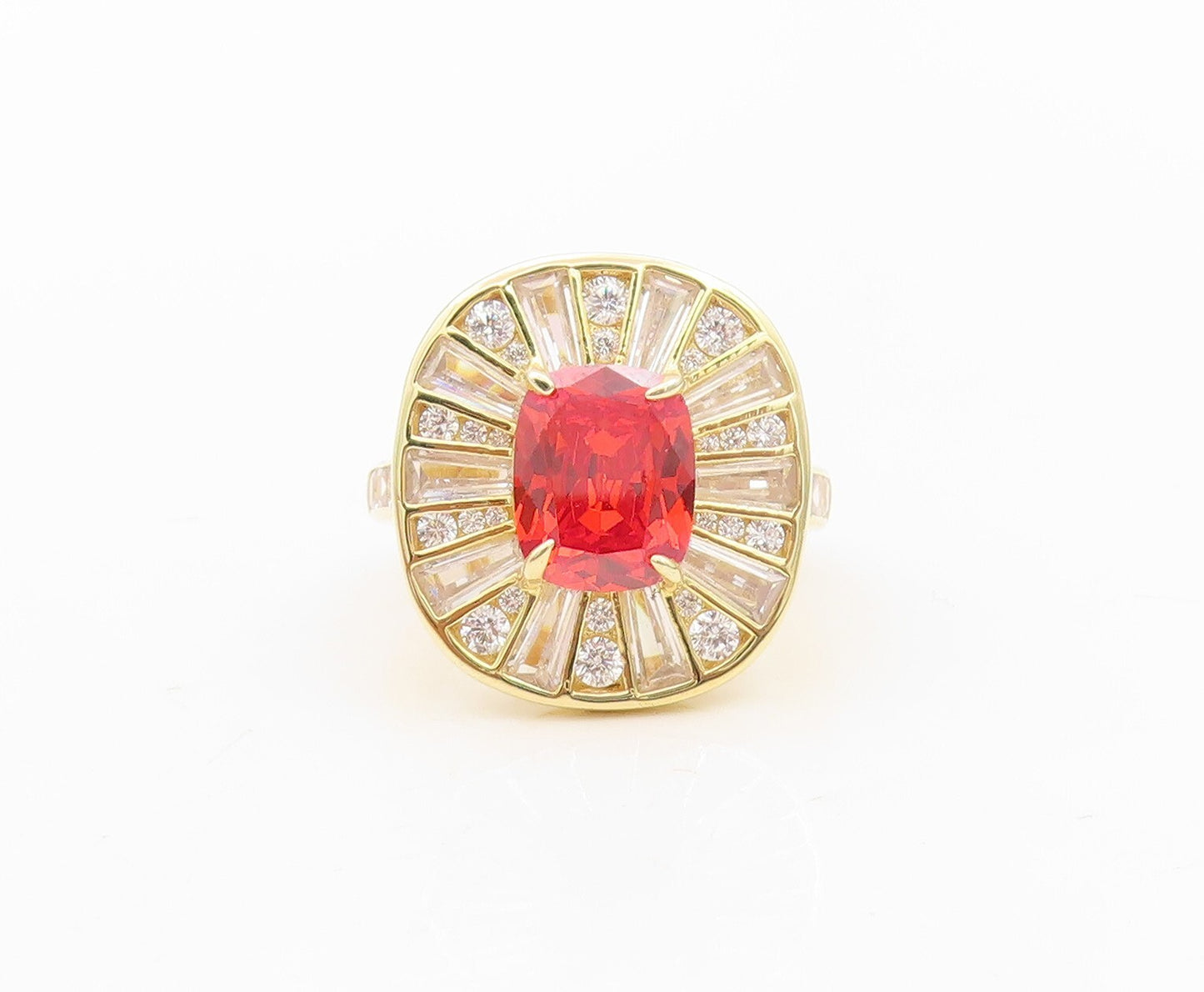 925 Sterling Silver Vintage Ring Gold Plated Red & White CZ Inlay  Sz 7  RG30243
