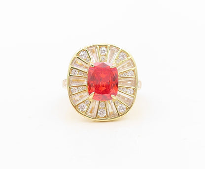 925 Sterling Silver Vintage Ring Gold Plated Red & White CZ Inlay  Sz 7  RG30243