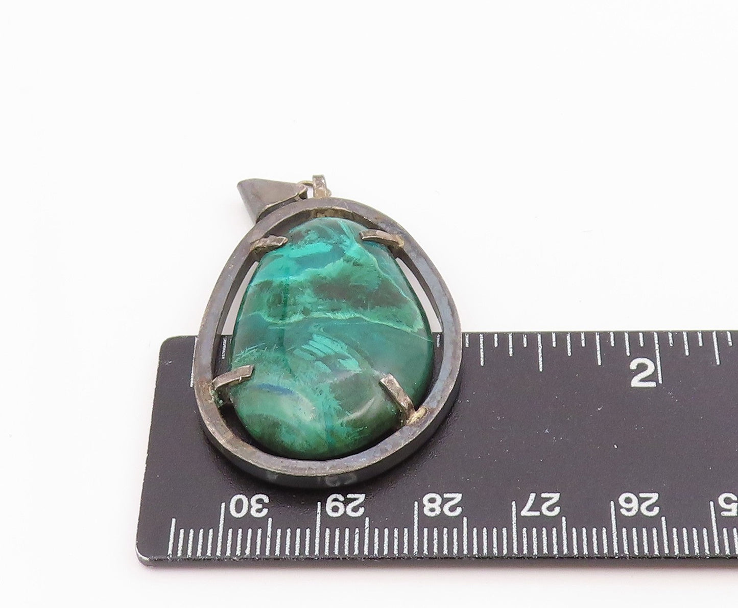 925 Sterling Silver Vintage Pendant Modernist Cabochon Malachite Drop  PT26251