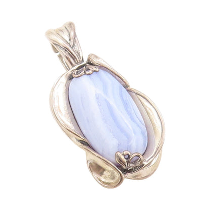 925 Sterling Silver Vintage Pendant CAROLYN POLLACK Floral Laced Agate  PT24197