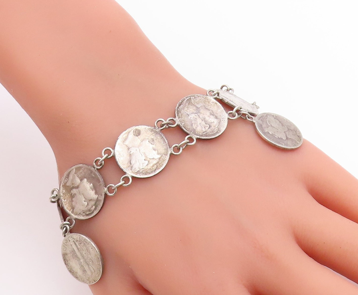 925 Sterling Silver Vintage Bracelet Classic US Mercury Dime Coin Link  BT12219