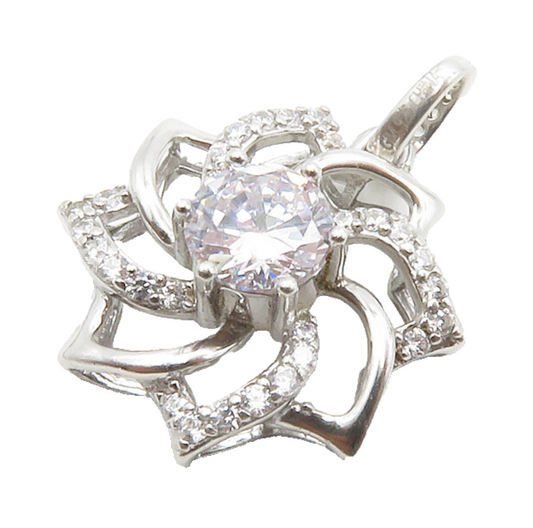 925 Sterling Silver  Shiny Cubic Zirconia Open Flower Motif Pendant  PT10434