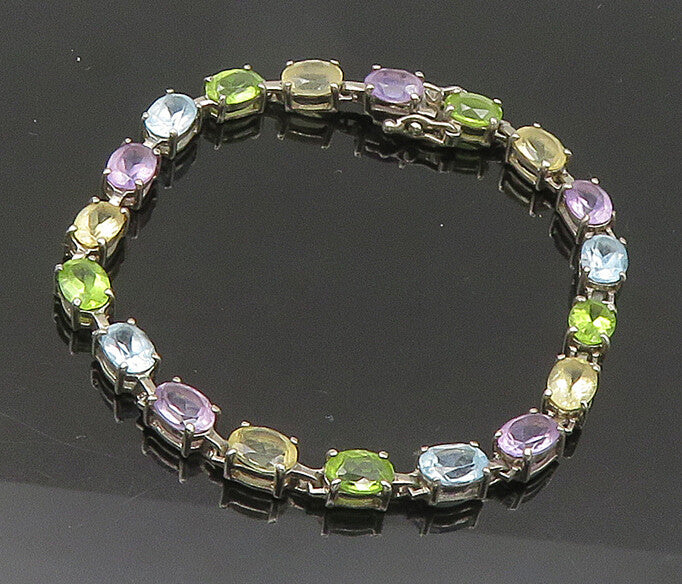 925 Sterling Silver  Vintage Peridot Topaz & Amethyst Chain Bracelet  BT8560