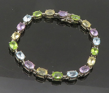 925 Sterling Silver  Vintage Peridot Topaz & Amethyst Chain Bracelet  BT8560