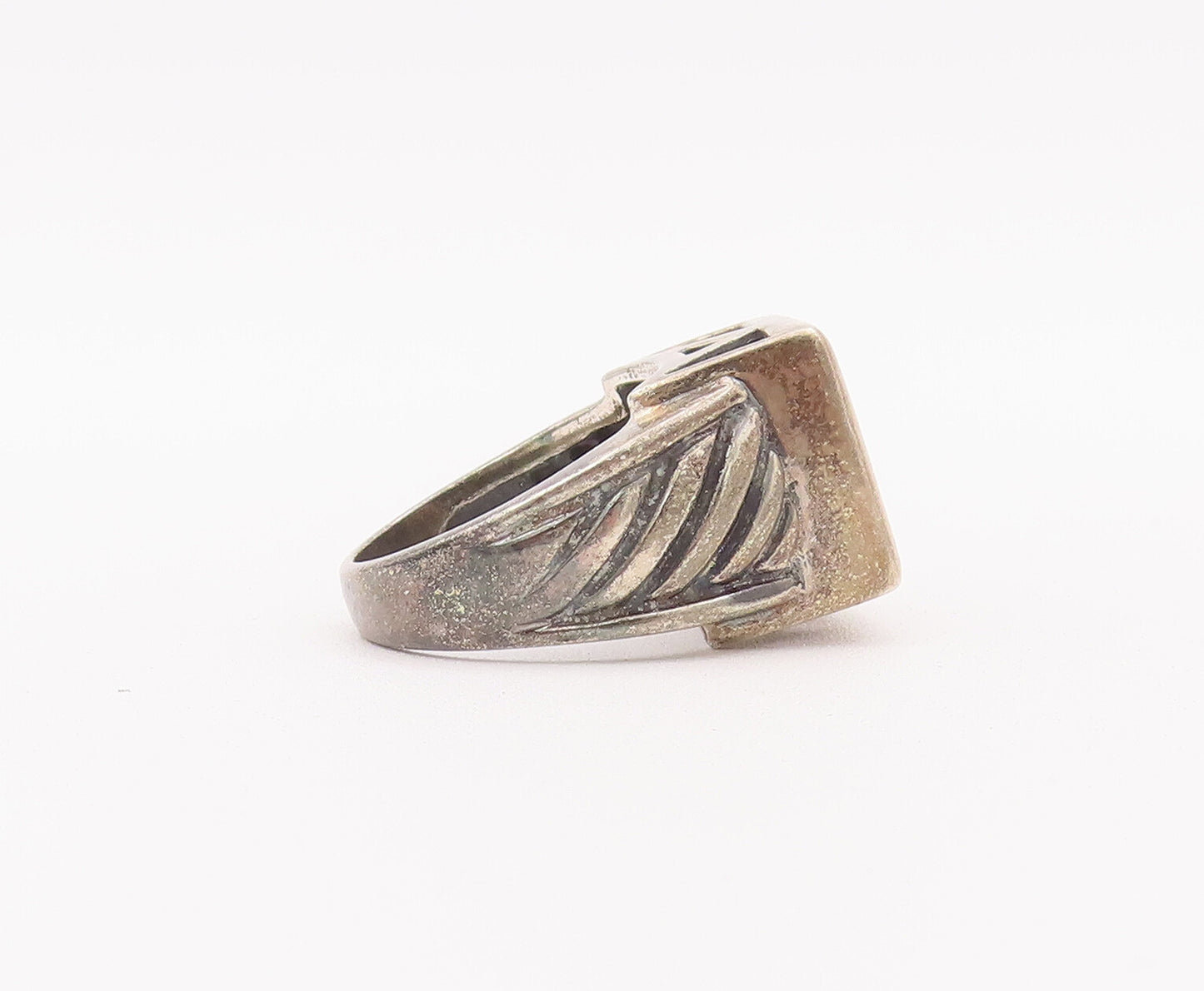 925 Sterling Silver Vintage Ring Carved Neck Square Inlay Onyx  Sz 8  RG28019