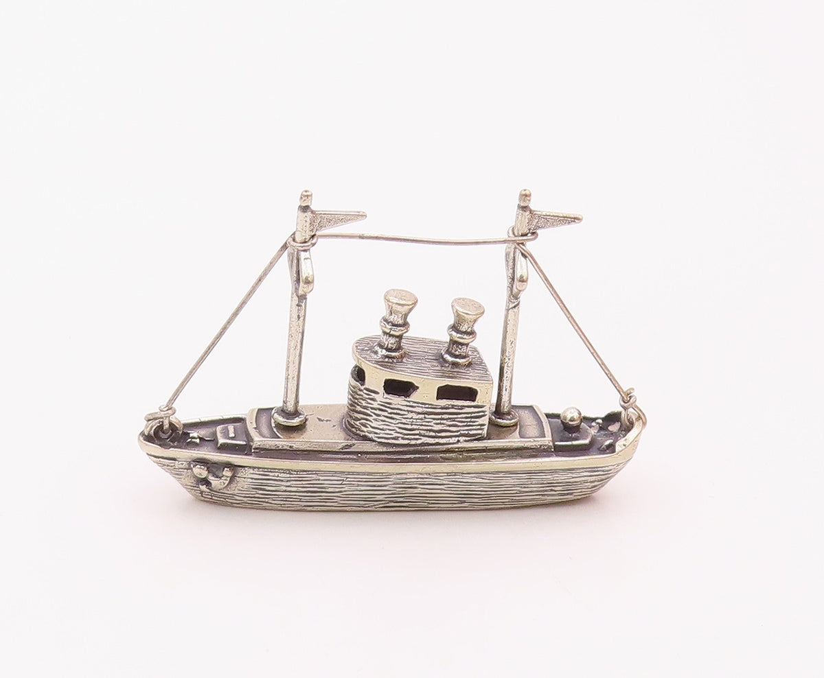 925 Sterling Silver  Vintage Shiny Tug Boat Motif Table Trinket  TR2751