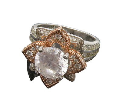 925 Sterling Silver  Topaz Two Tone Flower Motif Cocktail Ring Sz 6  RG16765