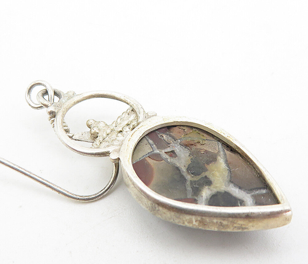 925 Sterling Silver  Vintage Tear Drop Jasper Crowned Dangle Earrings  EG3521