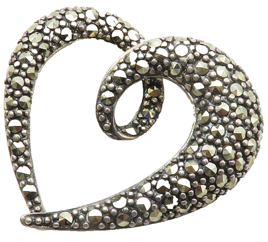 925 Sterling Silver  Vintage Shiny Marcasite Open Love Heart Pendant  PT10309