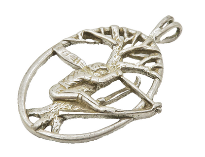 925 Sterling Silver  Vintage Skiing Scene Sports Oval Drop Pendant  PT11283