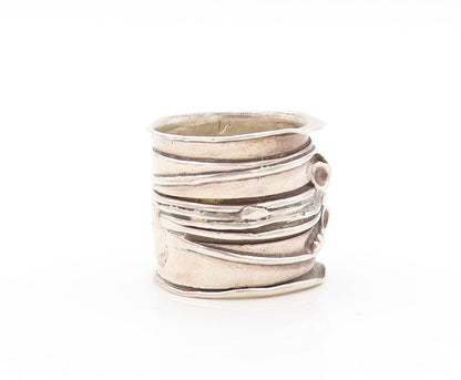925 Sterling Silver Vintage Ring Large Brutalist Design Carved  Sz 6.5  RG31043