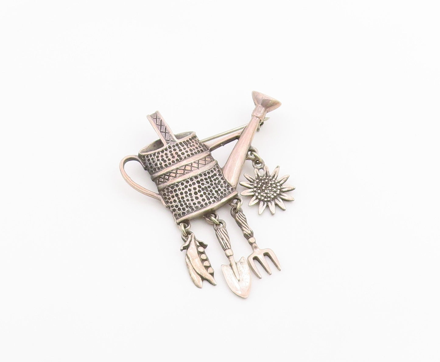 925 Sterling Silver  Vintage Dark Tone Watering Can Charmed Brooch Pin  BP3461