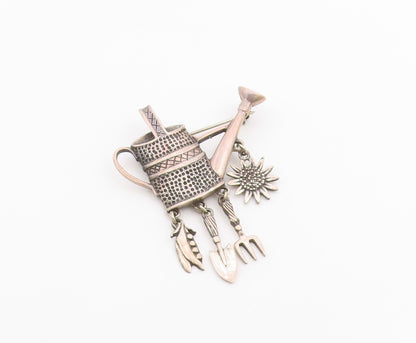 925 Sterling Silver  Vintage Dark Tone Watering Can Charmed Brooch Pin  BP3461