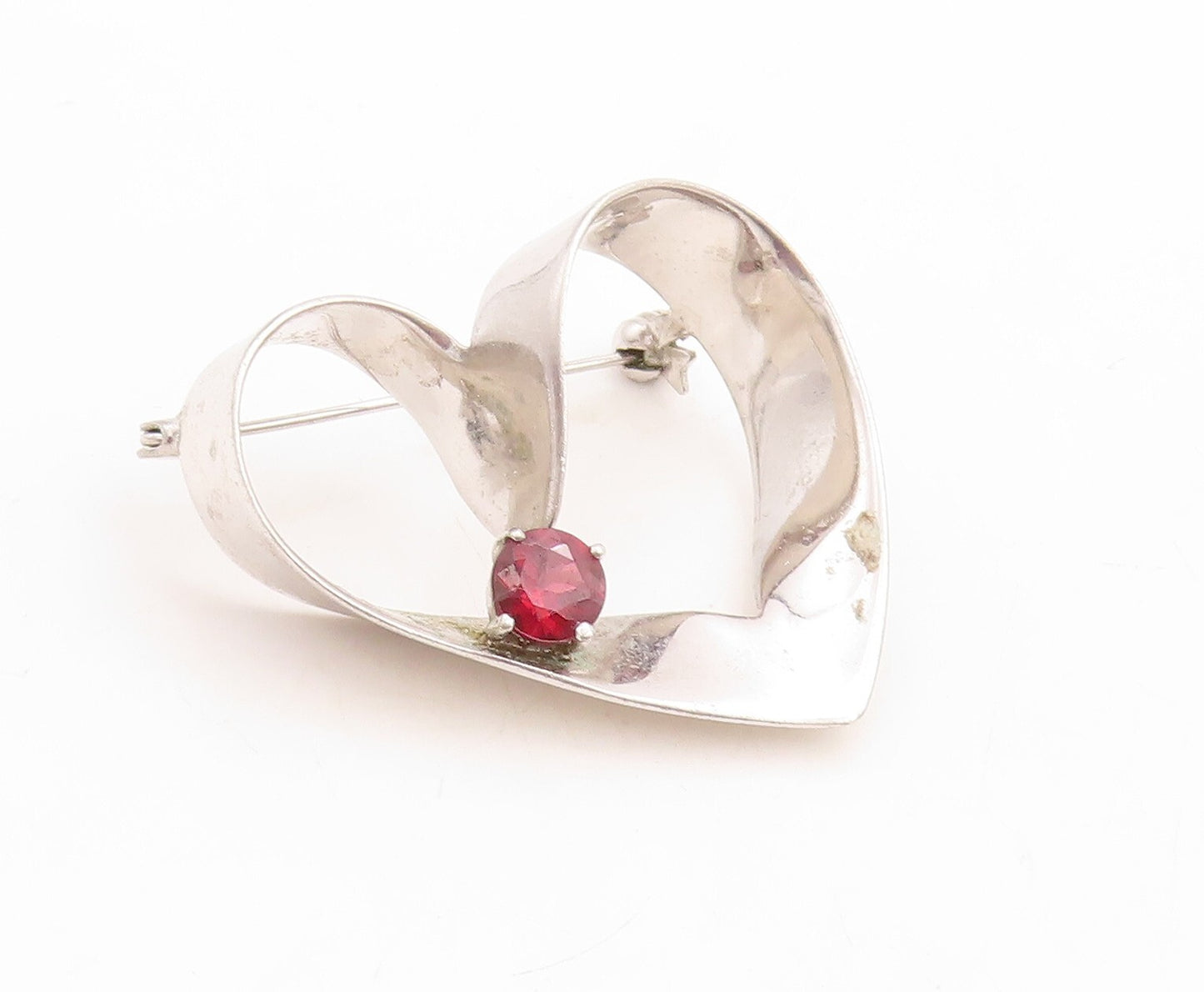925 Sterling Silver Vintage Brooch Pin Designer Cutout Garnet Heart  BP11425