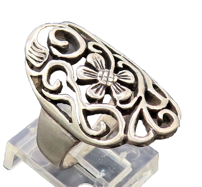 925 Sterling Silver Vintage Ring Swirly Carved Floral Solid Large Sz 8  RG27691