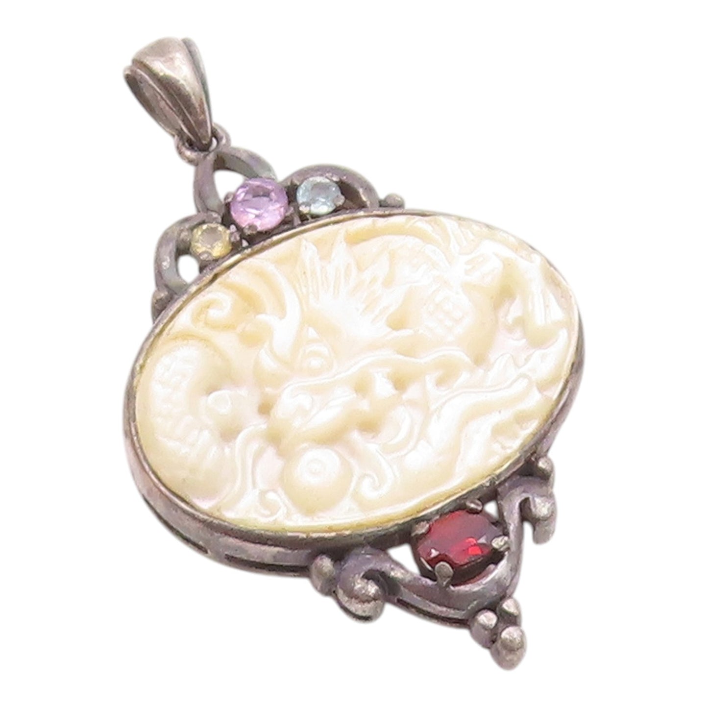 925 Sterling Silver  Vintage Mother Of Pearl & Topaz Dragon Pendant  PT7278