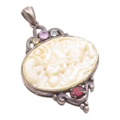 925 Sterling Silver  Vintage Mother Of Pearl & Topaz Dragon Pendant  PT7278