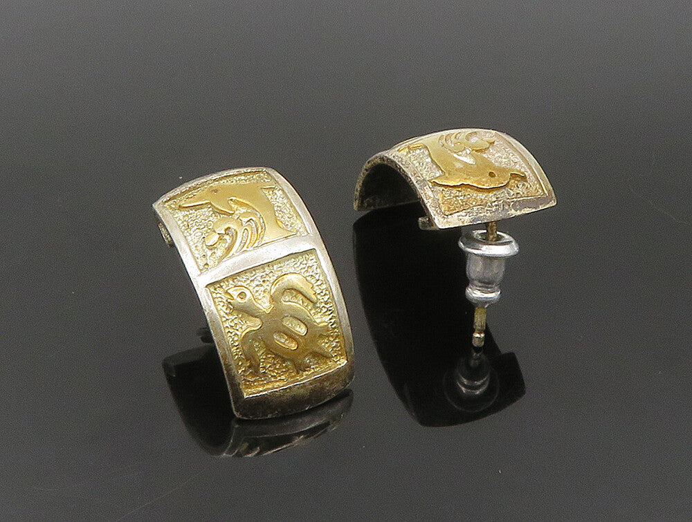 925 Silver & 14K GOLD  Vintage Two Tone Sea Animal Curve Drop Earrings EG11529