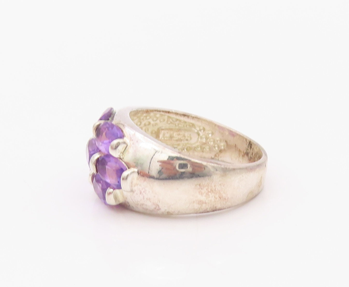 925 Sterling Silver Vintage Ring Solid Oval Amethyst Floral Inlay SZ 8 RG32092