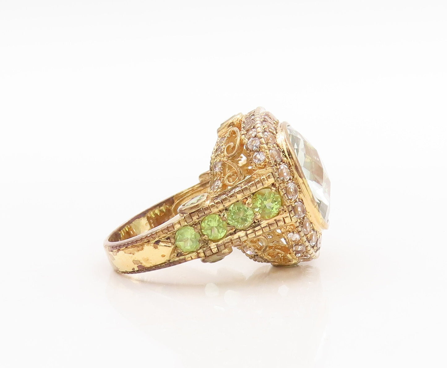 925 Sterling Silver Vintage Ring Gold Plated Peridot & Square Topaz Sz 7 RG29878