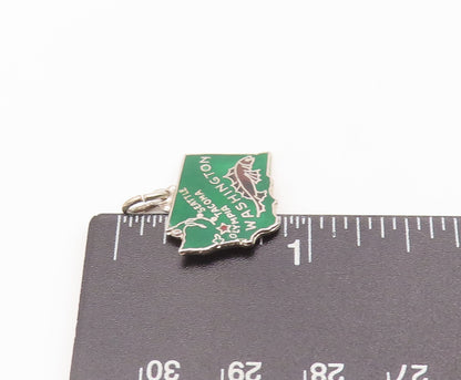 925 Sterling Silver Vintage Pendant Green Enameled Mini Washington Map  PT22689