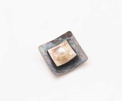 925 Sterling Silver Vintage Pendant Designer Square Cutout Pearl Beaded  PT23610