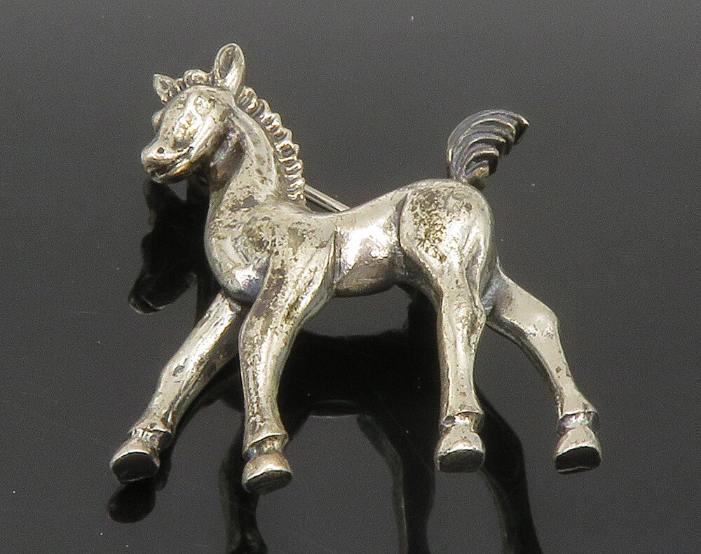 BEAU 925 Sterling Silver  Vintage Shiny Sculpted Horse Brooch Pin  BP5870
