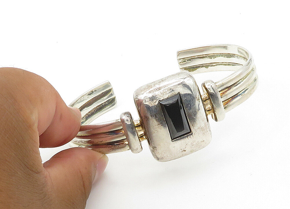 RAGE 925 Sterling Silver  Vintage Hematite Shiny Ribbed Cuff Bracelet  BT8584