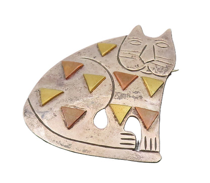 DESIGNER 925 Silver  Vintage Tri Tone Triangle Pattern Cat Brooch Pin  BP10277