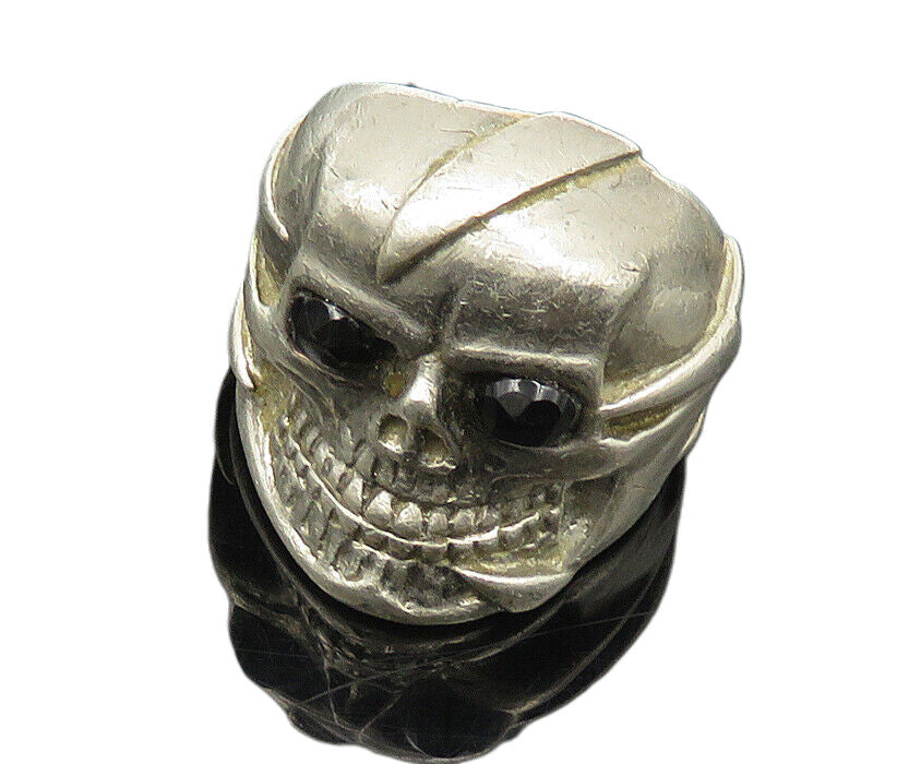 925 Sterling Silver  Vintage Black Hematite Eyes Skull Band Ring Sz 8  RG18406