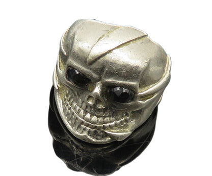 925 Sterling Silver  Vintage Black Hematite Eyes Skull Band Ring Sz 8  RG18406