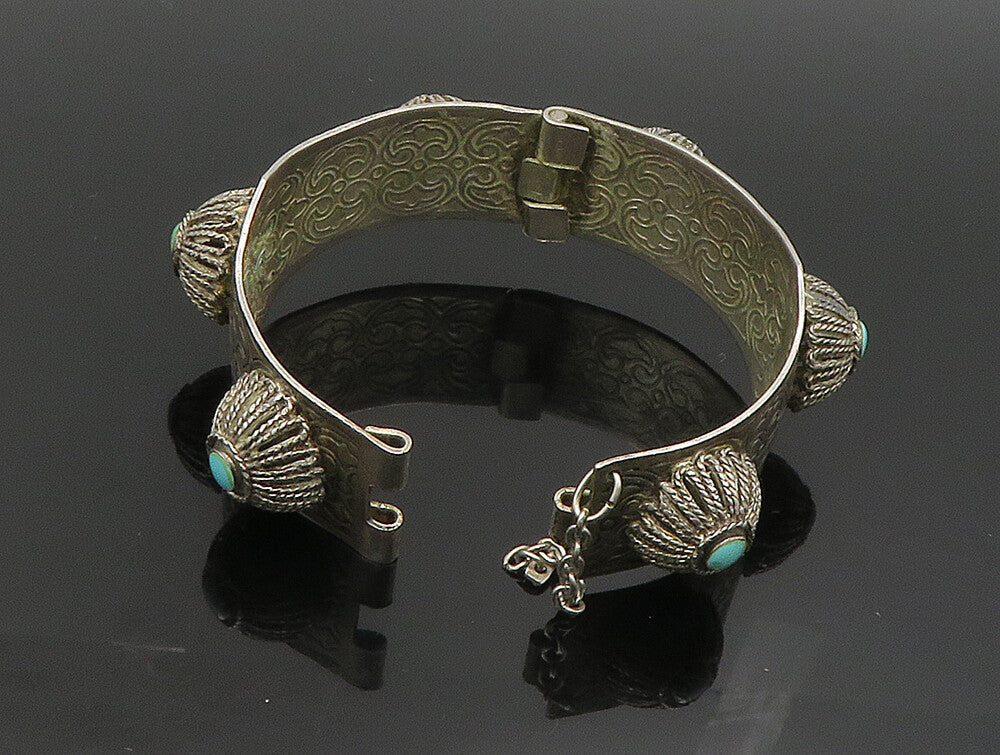 MIDDLE EAST 925 Silver  Vintage Floral Turquoise Etched Bangle Bracelet BT9366