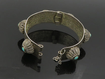 MIDDLE EAST 925 Silver  Vintage Floral Turquoise Etched Bangle Bracelet BT9366