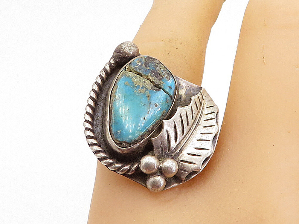 NAVAJO 925 Sterling Silver  Vintage Turquoise Floral Cocktail Ring Sz 8 RG5306
