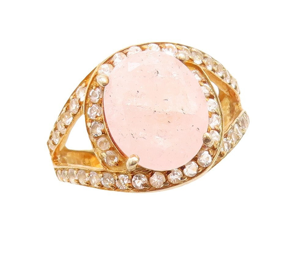 925 Sterling Silver Vintage Ring Gold Plated Oval Quartz Halo Topaz Sz 7 RG30096