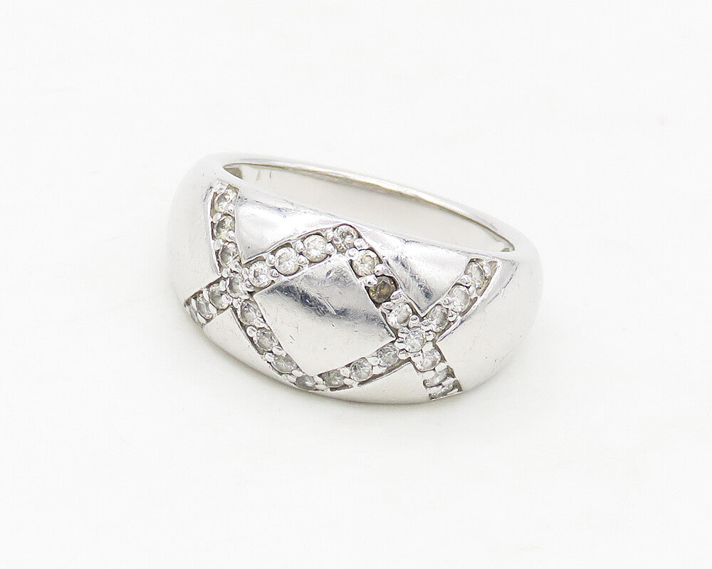 925 Sterling Silver  Shiny White Topaz X Detail Tapered Band Ring Sz 7 RG17104