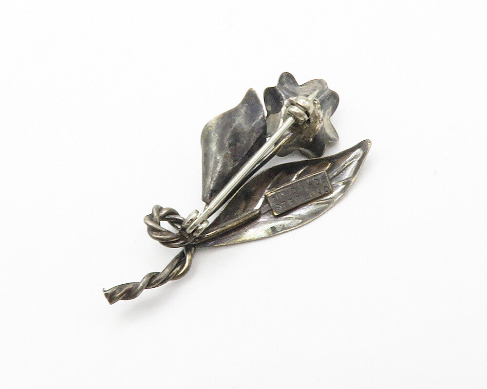 925 Sterling Silver  Vintage Handmade Flowers Oxidized Brooch Pin  BP5534