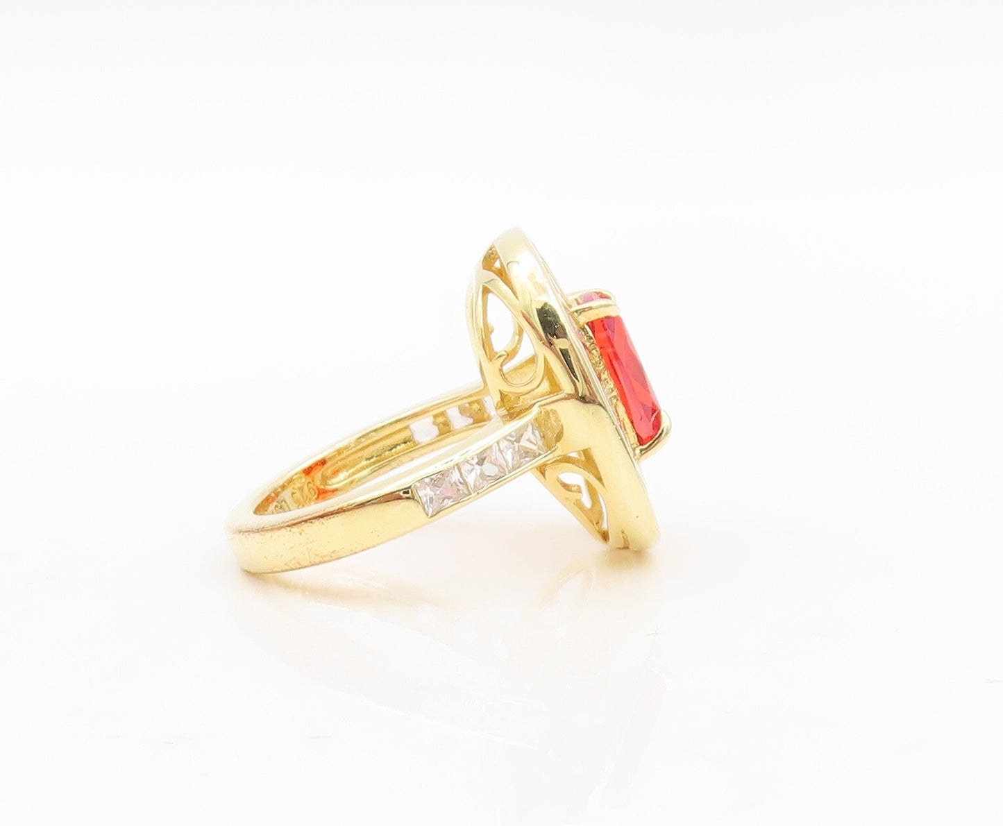 925 Sterling Silver Vintage Ring Gold Plated Red & White CZ Inlay  Sz 7  RG30243