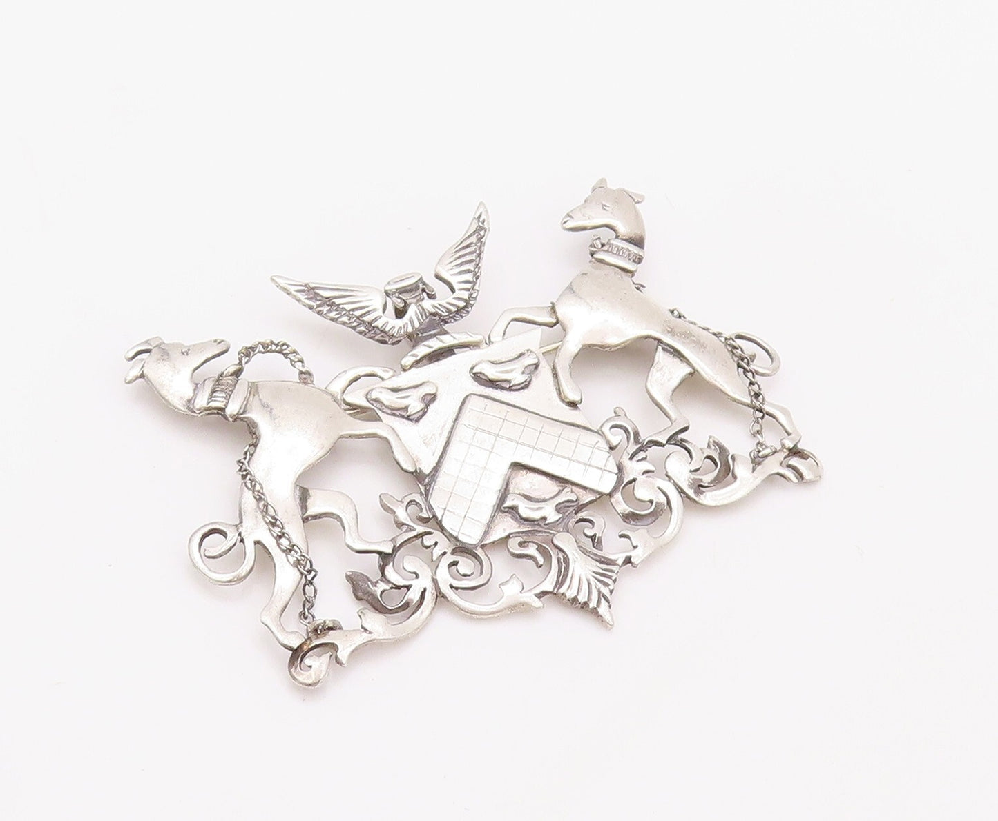925 Sterling Silver Vintage Brooch Pin Coats Of Arms 2 Dogs Eagle Crest  BP11189