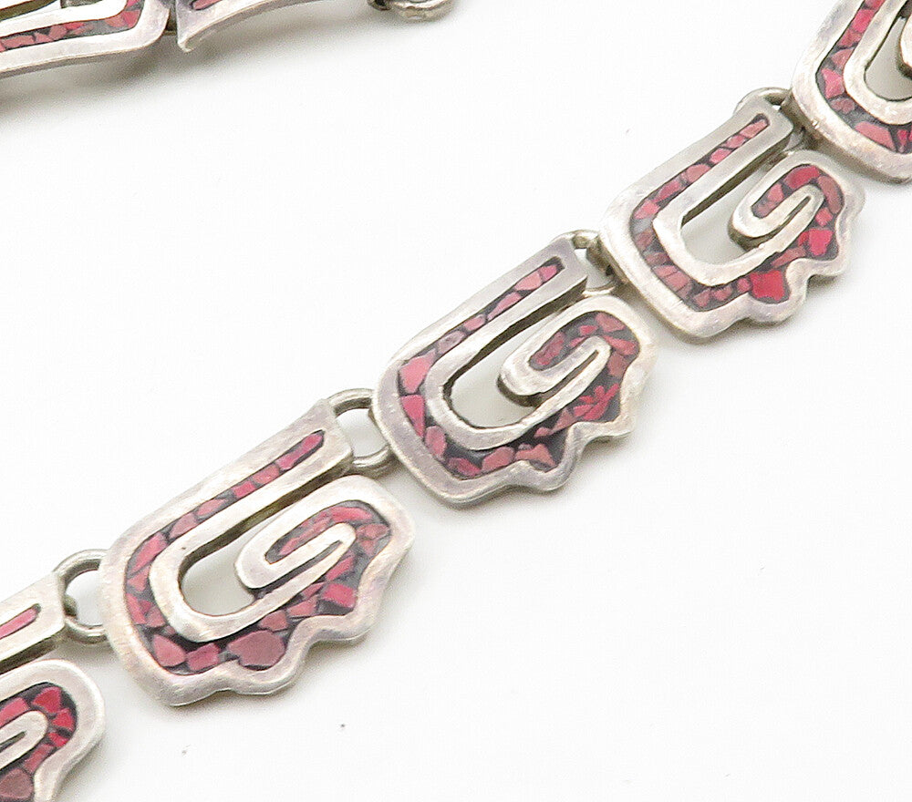 MEXICO 925 Sterling Silver Vintage Inlaid Stone Mosaic Chain Necklace  NE2604