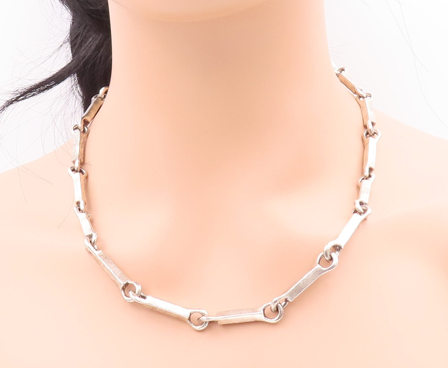 925 Sterling Silver Vintage Necklace MEXICO Heavy Solid Carved Block Link NE4295