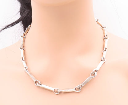 925 Sterling Silver Vintage Necklace MEXICO Heavy Solid Carved Block Link NE4295