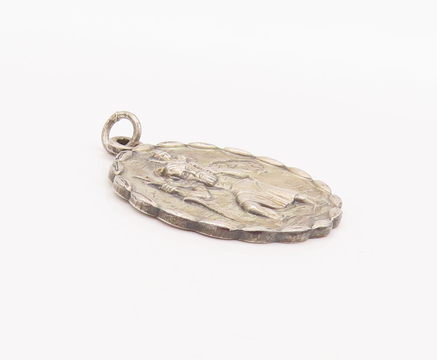 925 Sterling Silver Vintage Pendant Solid Religious Carved Bordered Coin PT23122