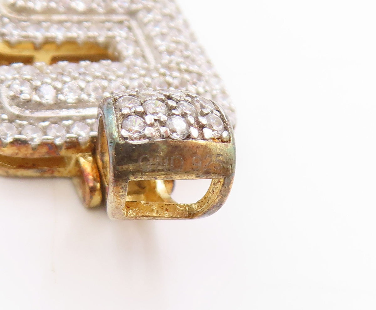 925 Sterling Silver Vintage Pendant Gold Plated CZ Clustered Alphabet E  PT25006