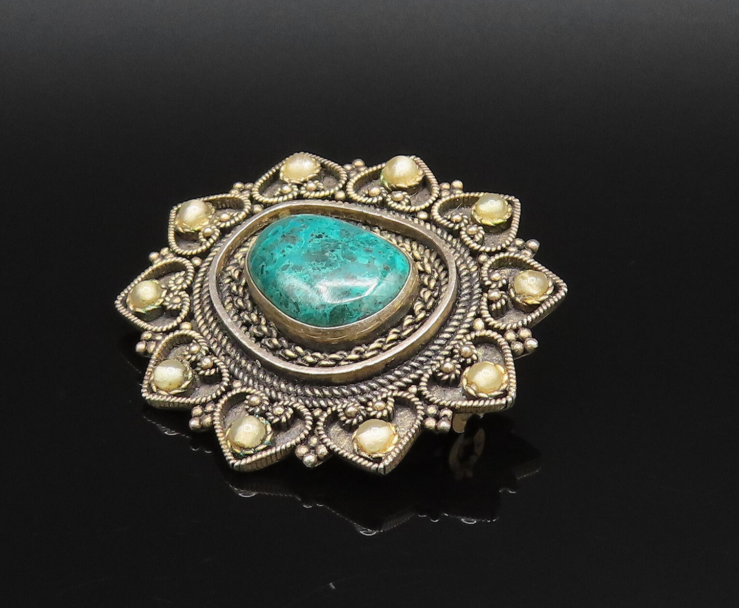 ISRAEL 925 Silver  Vintage Beaded & Twisted Rope Chrysocolla Brooch Pin BP9933