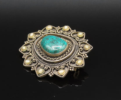 ISRAEL 925 Silver  Vintage Beaded & Twisted Rope Chrysocolla Brooch Pin BP9933