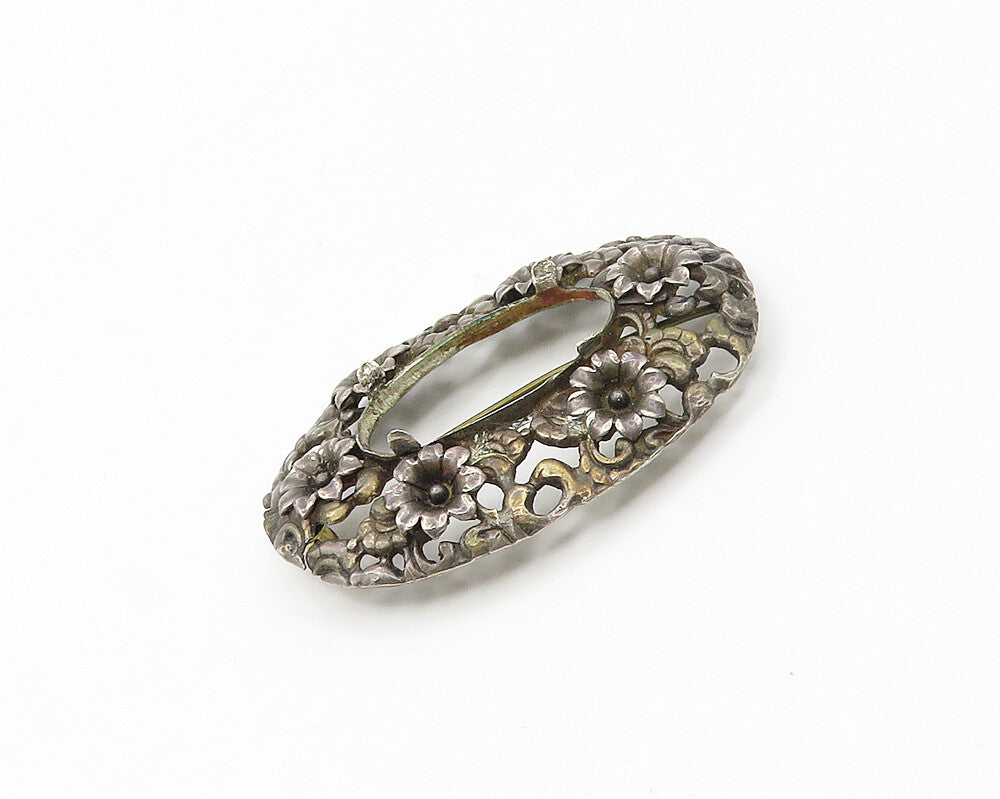 925 Sterling Silver Vintage Antique Oxidized Floral Wreath Brooch Pin BP6773