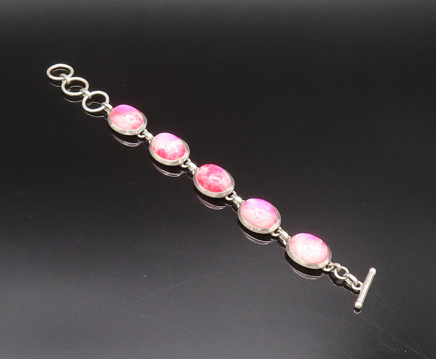 925 Silver  Vintage Unique Cabochon Pink Moonstone Chain Bracelet  BT9763