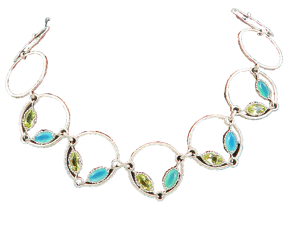 925 Sterling Silver  Chalcedony & Topaz Open Circle Link Chain Necklace NE1657